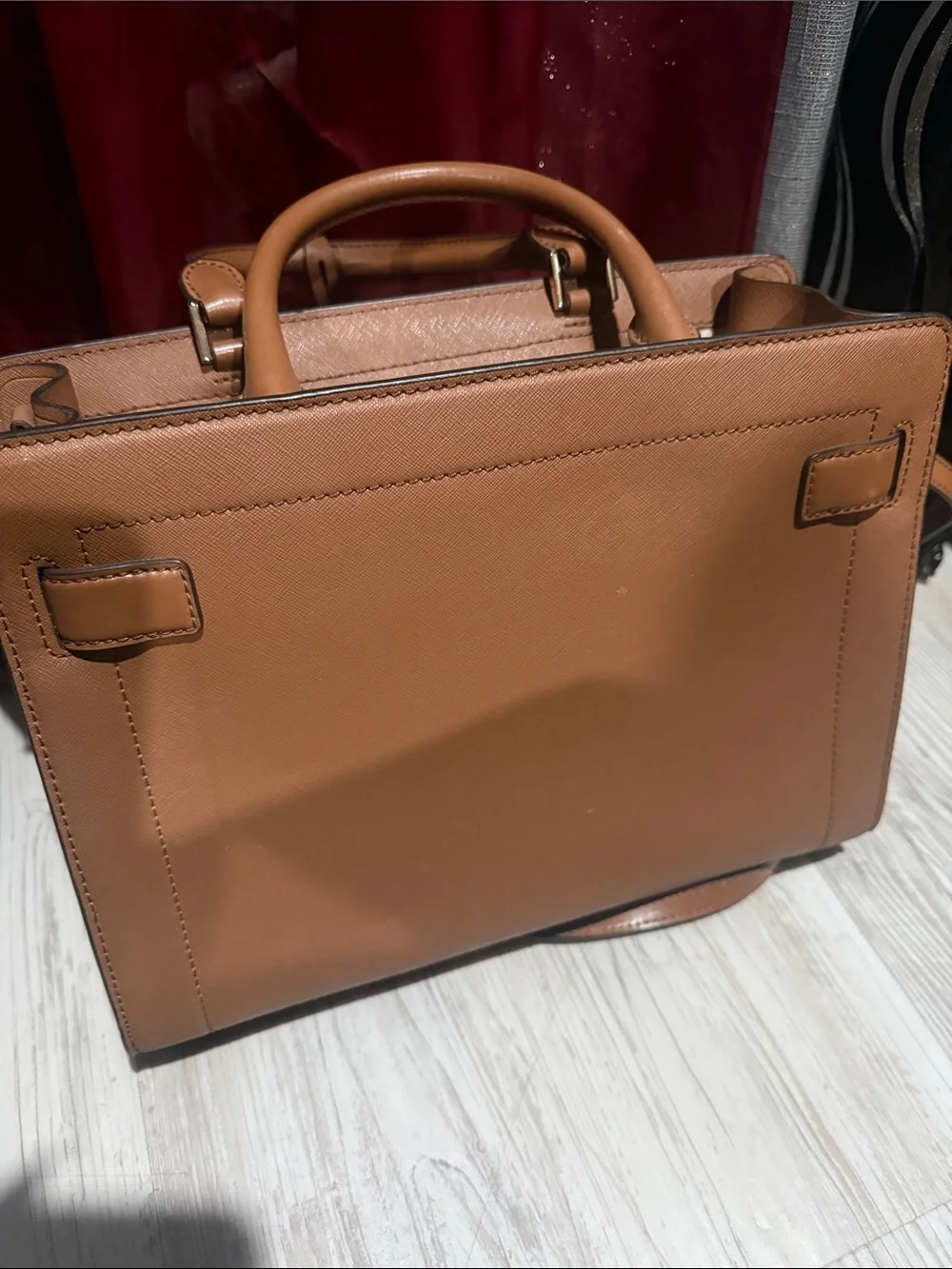 Michael Kors Tan Saffiano Leather Satchel with Gold MK Charm